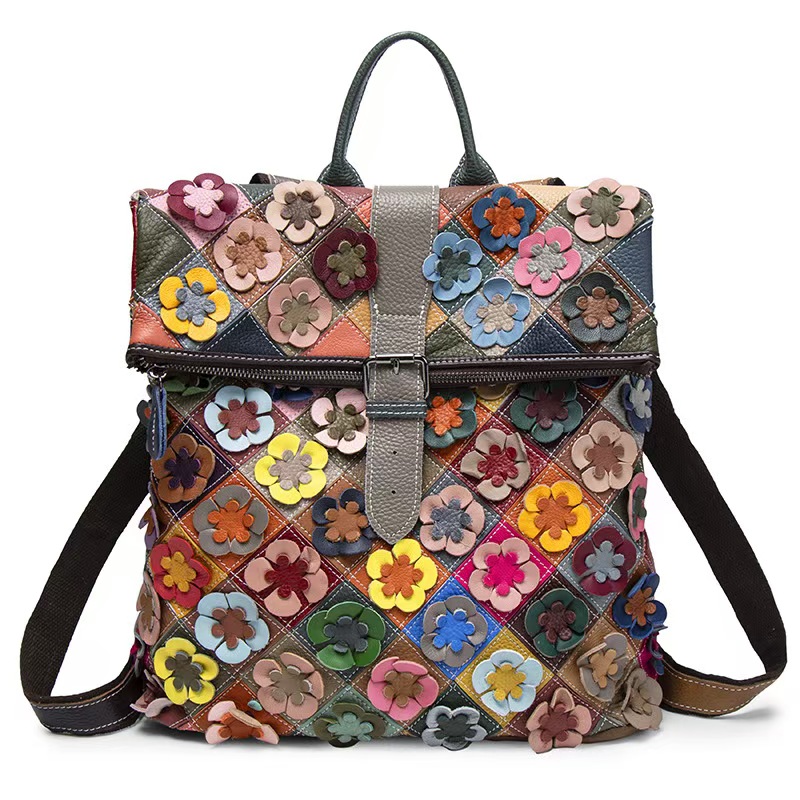 Leather Backpack Vintage - Vintage dames lederen rugzak bloem echt