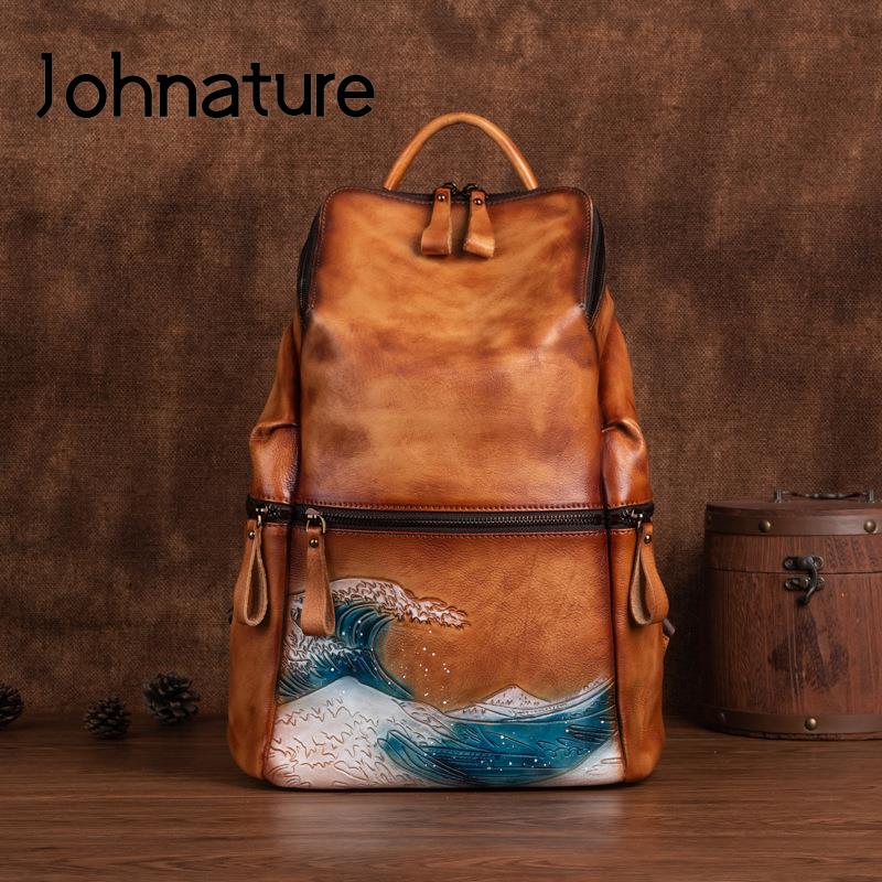 Leather Backpack Vintage - Johnature Echt leer Damesrugzak Grote capaciteit